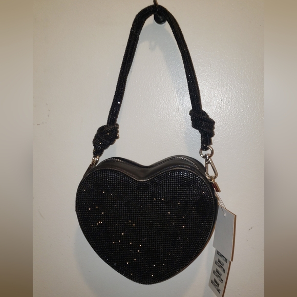 Kimchi Blue NWT Black Rhinestone Heart Mini Baguette Bag |Coquette Girl Y2K Glam - Picture 6 of 12
